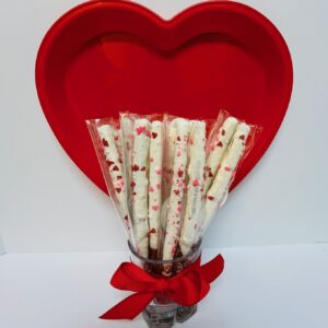 Heart tray with chocolate dipped pretzel gift
